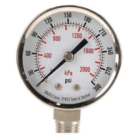 Zoro Select Pressure Gauge, 0 to 60 psi, 1/4 in MNPT, Stainless Steel, Silver 4CFF7