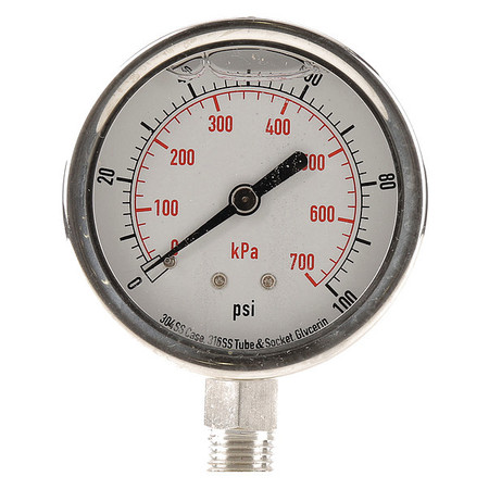 Zoro Select Pressure Gauge, 0 to 100 psi, 1/4 in MNPT, Stainless Steel, Silver 4CFH4