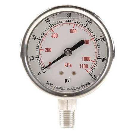 Zoro Select Pressure Gauge, 0 to 160 psi, 1/4 in MNPT, Stainless Steel, Silver 4CFH5