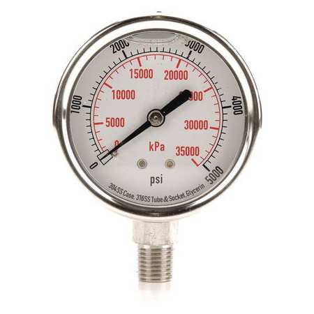 Zoro Select Pressure Gauge, 0 to 5000 psi, 1/4 in MNPT, Stainless Steel, Silver 4CFJ4
