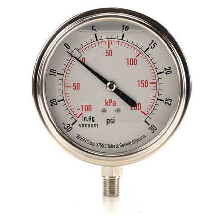 Zoro Select Compound Gauge, -30 to 0 to 30 in Hg/psi, 1/4 in MNPT, Stainless Steel, Silver 4CFJ6