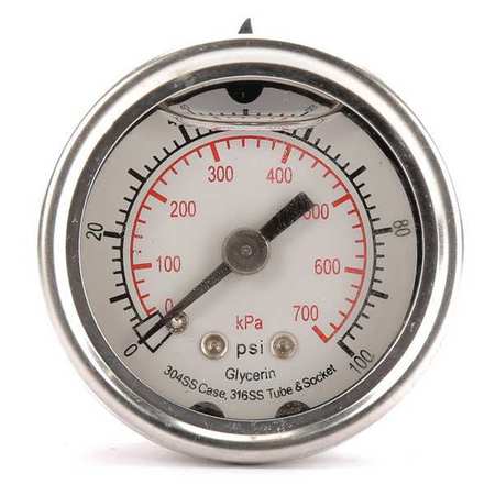 ZORO SELECT Pressure Gauge, 0 to 100 psi, 1/8 in MNPT, Stainless Steel, Silver 4CFL5