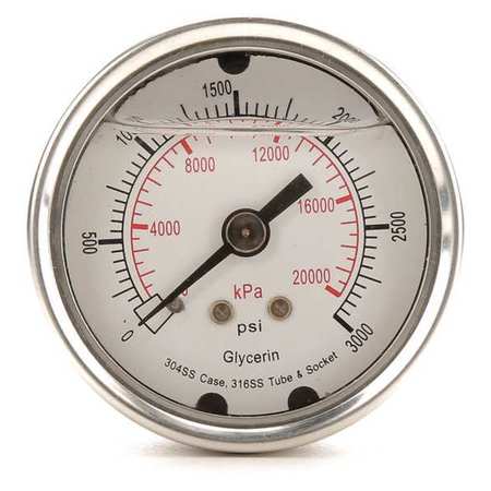 Zoro Select Pressure Gauge, 0 to 3000 psi, 1/4 in MNPT, Stainless Steel, Silver 4CFP9