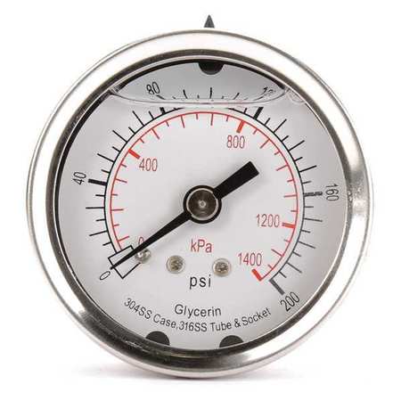 Zoro Select Pressure Gauge, 0 to 200 psi, 1/4 in MNPT, Stainless Steel, Silver 4CFP3