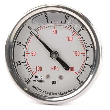 ZORO SELECT Compound Gauge, -30 to 0 to 30 in Hg/psi, 1/4 in MNPT, Stainless Steel, Silver 4CFR3