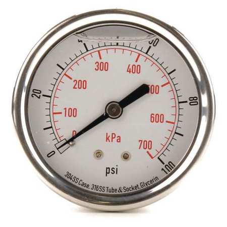 ZORO SELECT Pressure Gauge, 0 to 100 psi, 1/4 in MNPT, Stainless Steel, Silver 4CFR6