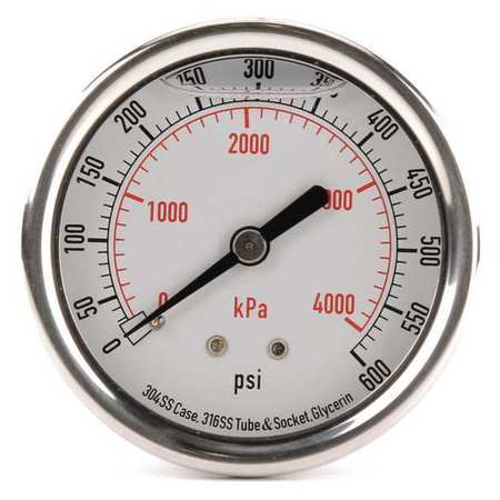 Zoro Select Pressure Gauge, 0 to 600 psi, 1/4 in MNPT, Stainless Steel ...