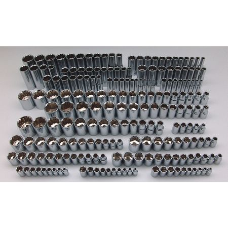 Westward 1/4", 3/8", 1/2" Drive Socket Set SAE, Metric 202 Pieces 4 to 32, 5/32 in to 1 1/4 in , Chrome 40JD46