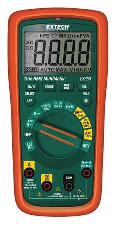 Extech Digital Multimeter, 600 Max. AC Volts, 600 Max. DC Volts, 10 Max. AC Amps, 10 Max. DC Amps EX350