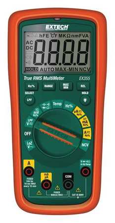EXTECH Digital Multimeter, 600 Max. AC Volts, 600 Max. DC Volts, 10 Max. AC Amps, 10 Max. DC Amps EX355-NIST