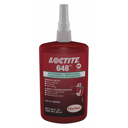 Loctite Retaining Compound, 648 Series, Green, Liquid, For Close-Fitting Parts, 250 mL Bottle 1835918