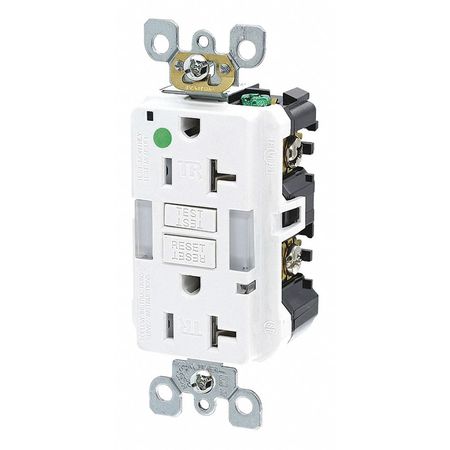 LEVITON Recept, Wht, 20 A, GFCI, 2P3W, Back; Side, 1PK GFNL2-HGW