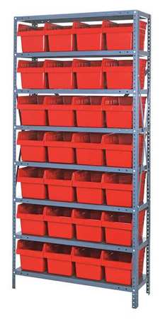 QUANTUM STORAGE SYSTEMS Steel Bin Shelving, 36 in W x 75 in H x 12 in D, 8 Shelves, Red 1275-SB807RD