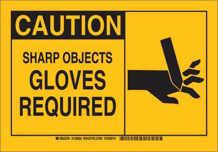 BRADY Caution Sign, 7X10", Black/Yellow, Legend: Sharp Objects Gloves Required 128598