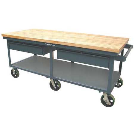 STRONG HOLD Mobile Shop Table with Maple Top, Butcher Block, 84" W, 34" Height, 6000 lb., Straight T8436-2DB-CA-MT