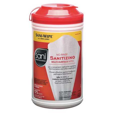 SANI PROFESSIONAL Sanitizing Wipes, White, Canister, 175 Wipes, 5 in x 7 3/4 in, Unscented P66784