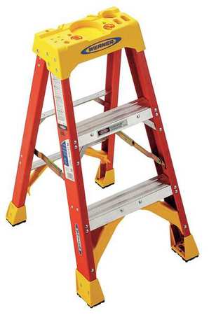 Werner Fiberglas Stepladder, 3 ft Ladder Ht, 2 Steps, 300 lb, 23 1/8 in Base Spread, 18 1/4 in Bottom W 6203