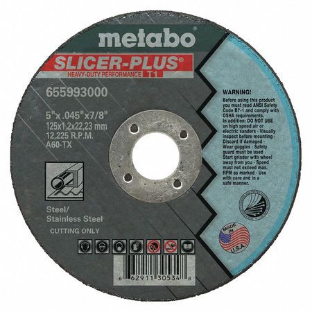 METABO Cutting Wheel, T1, A60TX, 5"X0.045"X7/8" 655993000