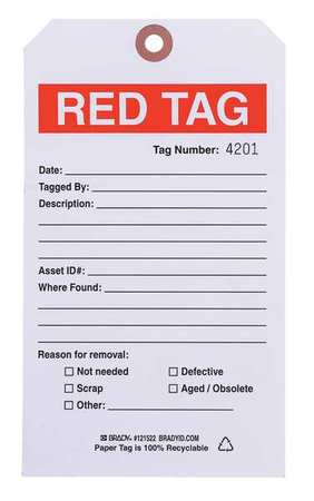 Brady 5S Red Tag, 4 x 7IKn, Cardstock, PK100 121522