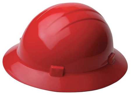 Erb Safety Full Brim Hard Hat, Type 1, Class E, Ratchet (4-Point), Red 19224