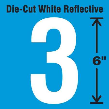 STRANCO Die-Cut Reflective Number Label, 3, 6In H DWR-6-3-EA