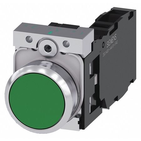 SIEMENS Push Button, 22mm, Green, Metal Bezel 3SU1150-0AB40-1FA0