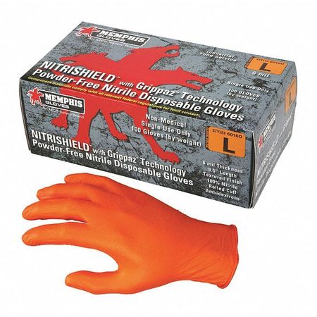 Mcr Safety NitriShield with Grippaz, Nitrile Disposable Gloves, 6 mil Palm, Powder-Free, L, 100 PK, Orange 6016OL