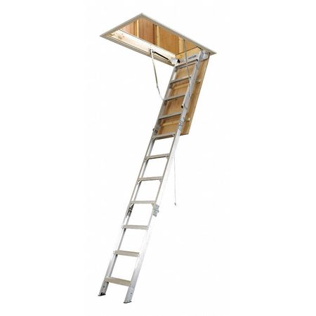 Werner Attic Ladder, Aluminum; Door: Plywood; Foot: Aluminum with Rubber Bottom; Frame: Pine AH2510