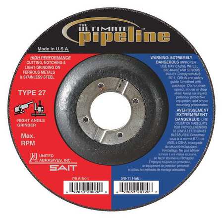 UNITED ABRASIVES/SAIT Cut-Off & Grinding Wheel, 27, 6" Dia, 1/8" Thick, 5/8"-11 Arbor Hole Size, Zirconia Alumina 20130