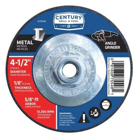 CENTURY DRILL & TOOL Metal Grinding Wheel, 4-1/2x1/8in, Type 27, Arbor Hole Size: 5/8"-11 75546