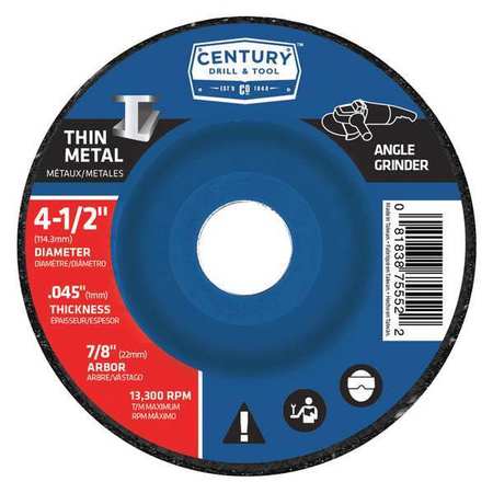 CENTURY DRILL & TOOL Metal Cutting Wheel, 4-1/2x.045in, Type27A 75552