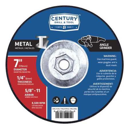 CENTURY DRILL & TOOL Metal Grinding Wheel, 7x1/4 in., Type 27, Arbor Hole Size: 5/8"-11 75572