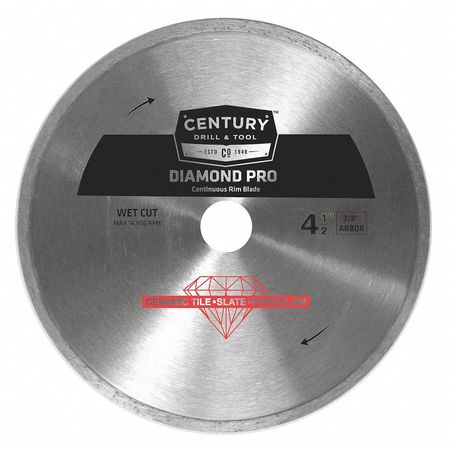 CENTURY DRILL & TOOL Diamond Saw Blade, 4-1/2in, Continuous Rim 75457