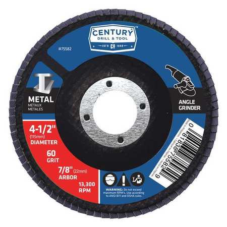 Century Drill & Tool Zirconia Flap Disc, 4-1/2x7/8 in., 60 Grit 75582