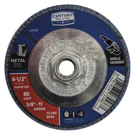 CENTURY DRILL & TOOL Zirconia Flap Disc, 4-1/2x5/8-11in, 80Grit 75586
