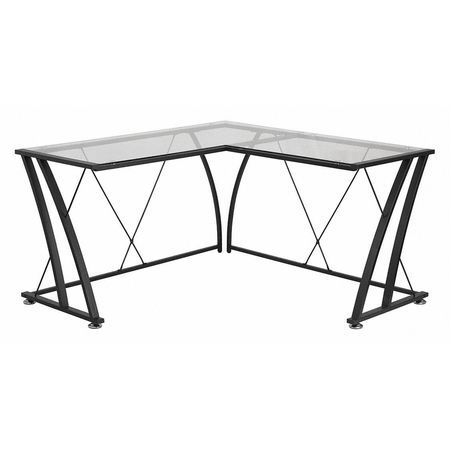 FLASH FURNITURE L Shaped Desk, 56" D, 79" W, 29-3/4" H, Clear/Black, Metal, Table Top: Glass NAN-WK-096-GG