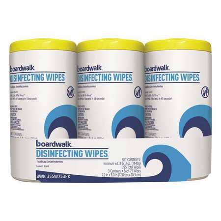 Boardwalk Disinfecting Wipes, Canister, 75 Wipes, Lemon, 3 PK 87-225MPL956