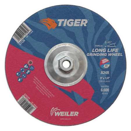 Weiler Grinding Wheel, Type 27, 0.25 in Thick, Aluminum Oxide 57126