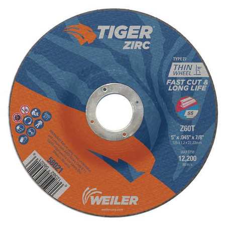 TIGER ZIRC Cutting Wheel, Type 27, 0.045 in Thick, Zirconia Alumina 58021