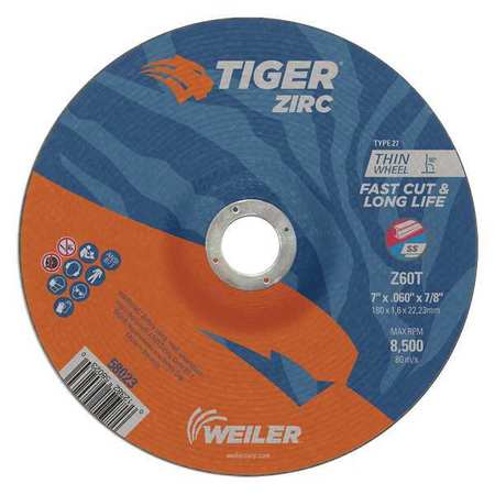 TIGER ZIRC Cutting Wheel, Type 27, 0.06 in Thick, Zirconia Alumina 58023