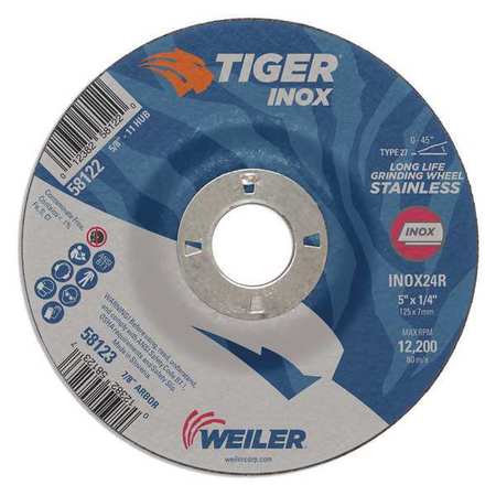 TIGER INOX Grinding Wheel, Type 27, 0.25 in Thick, Aluminum Oxide 58123