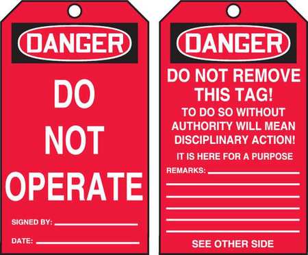 ACCUFORM Tags By-The-Roll, Danger Do Not, 6-1/4x3 in, Cardstock, 100/RL TAR106