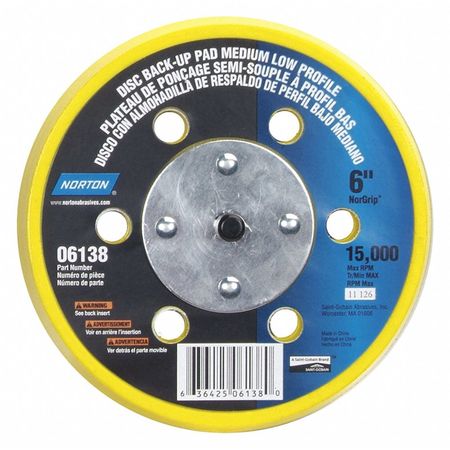 NORTON ABRASIVES Disc Backup Pad, 6" dia., 15,000 rpm 63642506138
