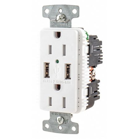 Hubbell USB Charger Receptacle, 15 Amps, 125V AC, Flush Mount, Decorator Duplex Outlet, 5-15R, White USB15A5W