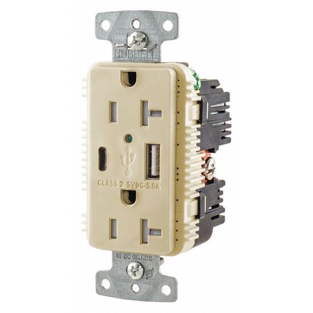 Hubbell USB Charger Receptacle, 20 Amps, 125V AC, Flush Mount, Decorator Duplex Outlet, 5-20R, Ivory USB20AC5I