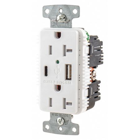 Hubbell USB Charger Receptacle, 20 Amps, 125V AC, Flush Mount, Decorator Duplex Outlet, 5-20R, White USB20AC5W