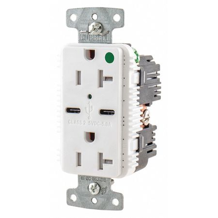 Hubbell USB Charger Receptacle, 20 Amps, 125V AC, Flush Mount, Decorator Duplex Outlet, 5-20R, White USB8300C5W