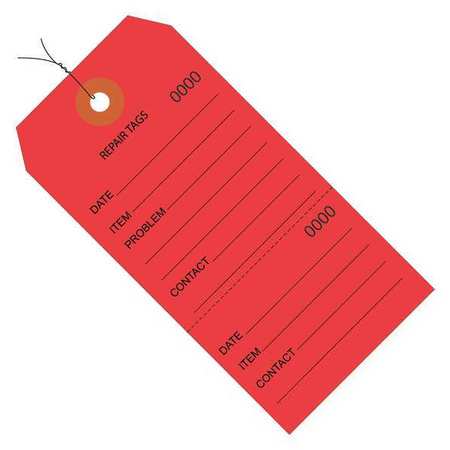 Partners Brand Repair Tags, Consecutively Numbered, Pre-Wired, 4 3/4" x 2 3/8", Red, 1000 /Case G26201W