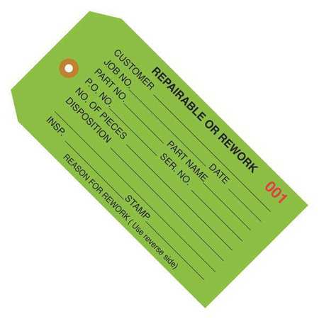 PARTNERS BRAND Inspection Tags, "Repairable or Rework", 4 3/4" x 2 3/8", Green, 1000/Case G20041