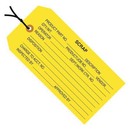 PARTNERS BRAND Inspection Tags, Pre-Strung, "Scrap", 4 3/4" x 2 3/8", Yellow, 1000/Case G20052